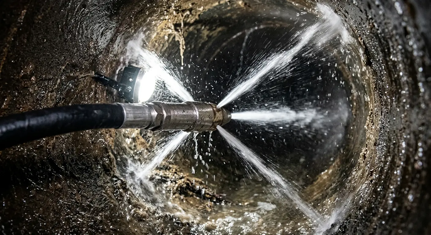 High-pressure hydro jetting nozzle cleaning sewer pipe for Storm Drain Cleaning in Pleasant Valley