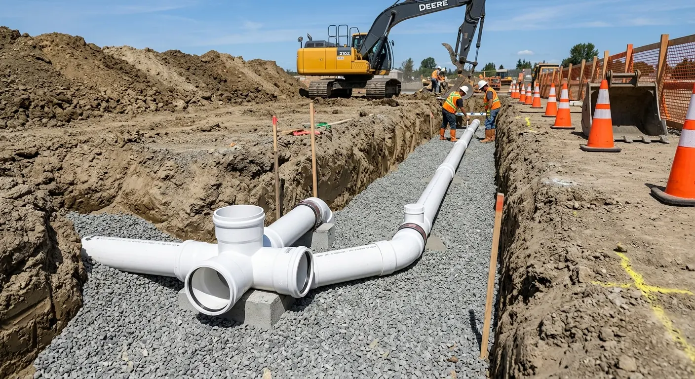 New PVC sewer pipe installation in open trench for Sewer Backup in Pleasant Valley