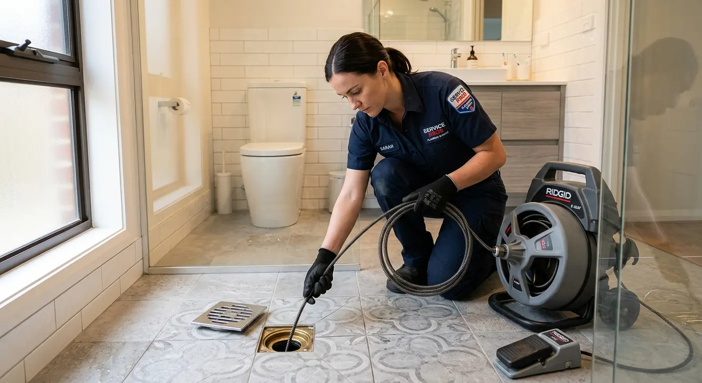 Technician clearing a bathroom floor drain for Drain Cleaning in Pleasant Valley